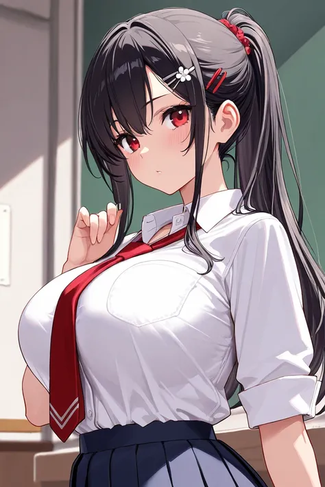 8k,masterpiece, best quality, ultra detailed, high resolution, super fine illustration, 1girl, solo, red eyes, black hair, long hair, ponytail,large breasts,hairpin, school uniform, collared shirt, pleated skirt, thighhighs, upper body,