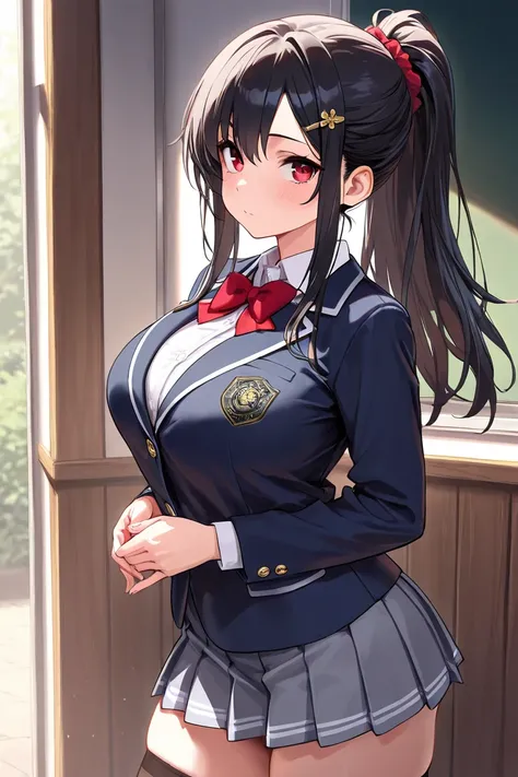 8k,masterpiece, best quality, ultra detailed, high resolution, super fine illustration, 1girl, solo, red eyes, black hair, long hair, ponytail,large breasts,hairpin, school uniform, collared shirt, pleated skirt, thighhighs, upper body,