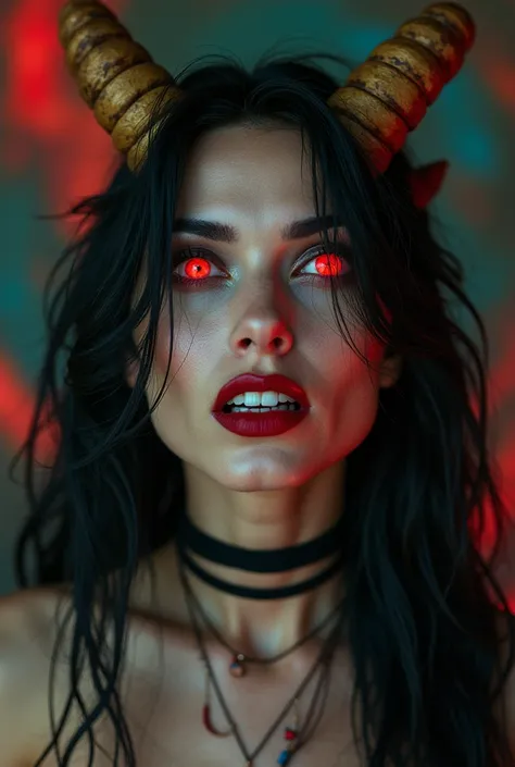 Close-up portrait of a bewitching beautiful female devil, her luminous red eyes fixed on the viewer with a mean gaze. Her black hair cascades down her back like a waterfall of night. Gold goat horns protrude from her forehead, as she laughs lasciviously th...