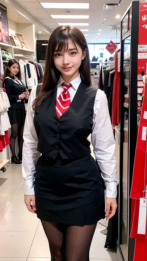 uniform、Female store clerk、 girl 、Big Breasts、Blonde、、bangs、 long sleeve blouse、( black uniform vest :1.3)、( black culotte skirt:1.3)、(red striped tie:1.1)、( thighs)、 Black Socks、black pumps,full body,smile、Inside the store、
