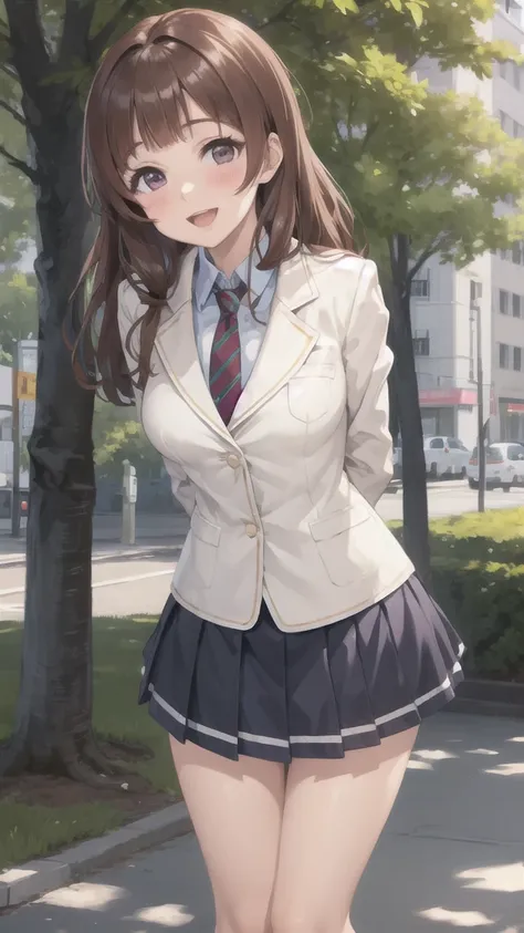 masterpiece, best quality, girl, solo, looking at viewer, AnjuYuuki, school uniform, white blazer, long sleeves, striped necktie, pleated skirt, outdoors, park, arms behind back, leaning forward, smile, :d, blush, 