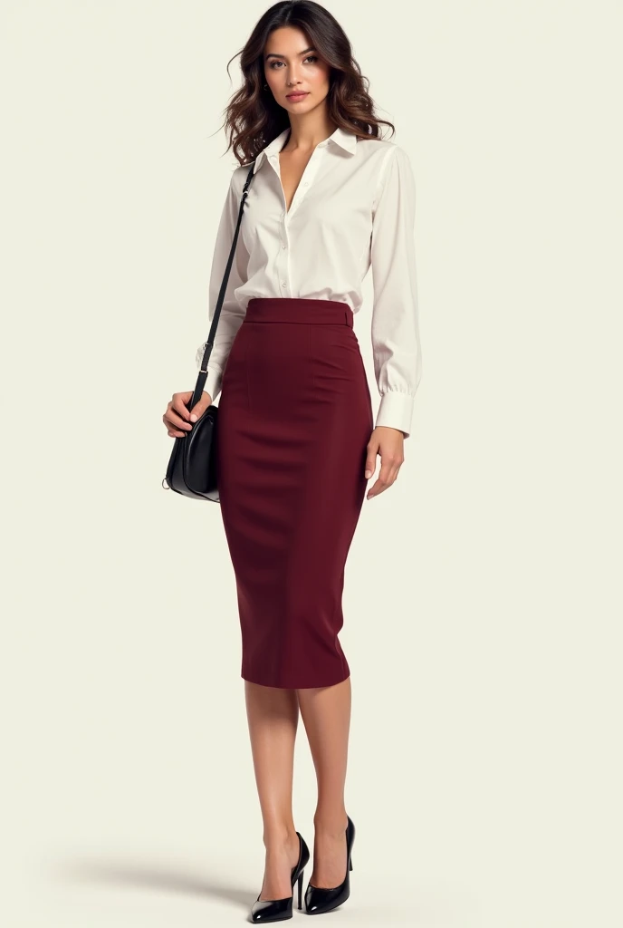 Woman wearing white long sleeve shirt, wine-colored stretch, black skirt and glossy black shoes