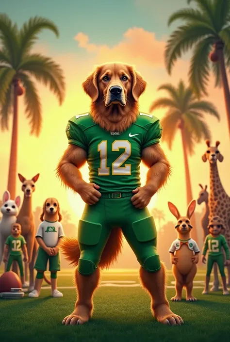 Golden retriever in green American football gear on football field with helmet, sunset, Palm trees, no number on his jersey, other animals dressed up the same way like cats, giraffes, dogs, bunnys