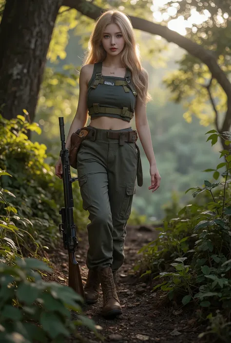 a beautiful blonde haired woman, detailed face and eyes, standing pose, in primeval forest, wearing hiking outfit uniform, holding rifle, cinematic lighting, movie picture style, photorealistic, 8k, high-quality, ultra-detailed, masterpiece, dramatic light...