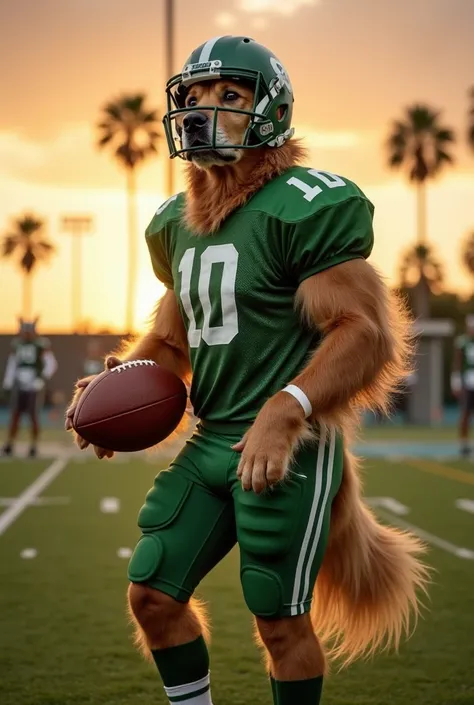 Golden retriever in green American football gear on football field with helmet big muscles, holding football, sunset, Palm trees, no number on his jersey, other animals dressed up the same way like cats, giraffes, dogs, bunnys