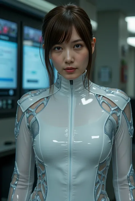  top quality live action ,  high resolution, Masterpiece,  high definition ,  COMPLETE ANATOMY , Full body portrait,   upright position ,  beautiful glowing skin, Sweaty skin,   detailed facial features 、Polymer resin suit that sticks to the body 、 wear cl...