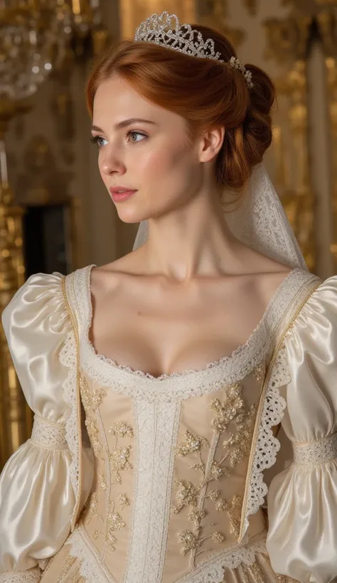 A breathtaking Regency-era wedding scene set in 1812, inspired by the lavish romance of the Bridgerton era. The bride stands gracefully in a sumptuous bridal gown crafted from the finest ivory silk and adorned with intricate floral embroidery in gold and s...