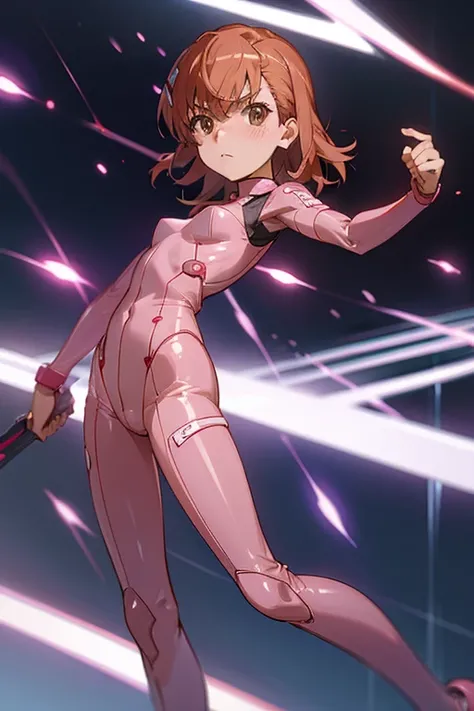 Mikoto misaka.、A Certain Scientific Railgun、girl、Small breasts、whole body,blush,best quality,Pink latex bodysuit,clothes shiny