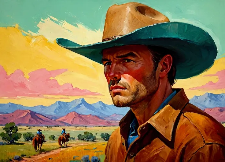 Create a bold and expressive portrait of a cowboy wearing a wide-brimmed hat that casts dramatic shadows over their face, evoking a sense of rugged mystery and confidence. Use thick, textured brushstrokes and a rich, layered color palette dominated by cool...