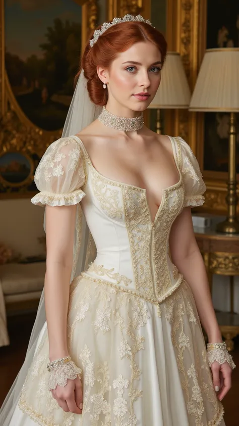 A breathtaking Regency-era wedding scene set in 1812, inspired by the lavish romance of the Bridgerton era. The bride stands gracefully in a sumptuous bridal gown crafted from the finest ivory silk and adorned with intricate floral embroidery in gold and s...