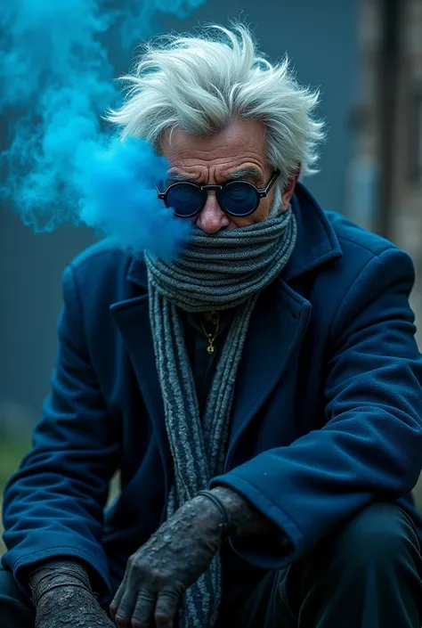  strong man,  disheveled white hair  ,  blue eyes,  he has lenses from the lenses blue smoke comes out ,  he has a striped scarf that covers his mouth, He is wearing a blue coat ,  blue smoke comes out of his eyes ,  he is sitting with a serious look 