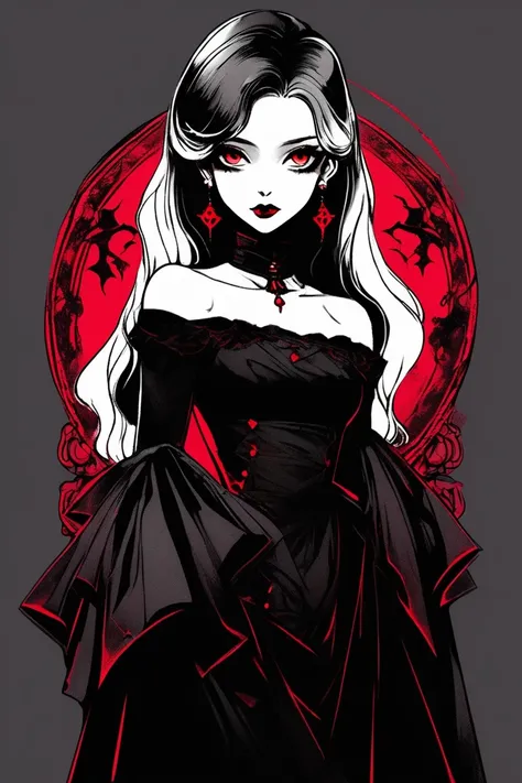 ( envelopes, sketch:1.2),realistic,Illustrator,animated,A vampire girl , nostalgic eyes, Elegant gothic costume,  detailed lips ,  bare shoulders,  black and red gradient background,Neon hair,textured cutout,  masterpiece,  classic retro style, black style...