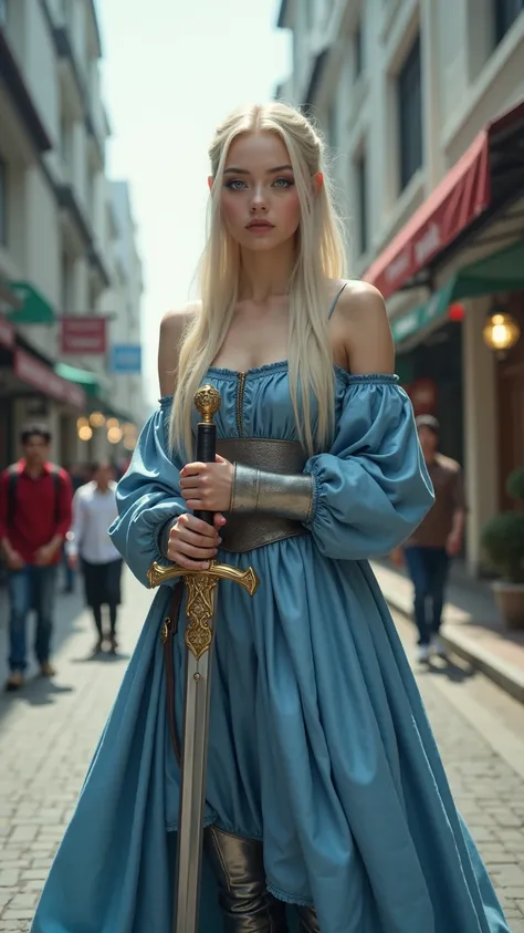 Photorealistic 8k full length body shot. 25y procelain skin scandinivian princess. She has big innocent blue eyes. Flat straight brows. Her 15y face have a flat, rounded contour where the cheeks seamlessly blend into the narrow jawline, lacking any promine...