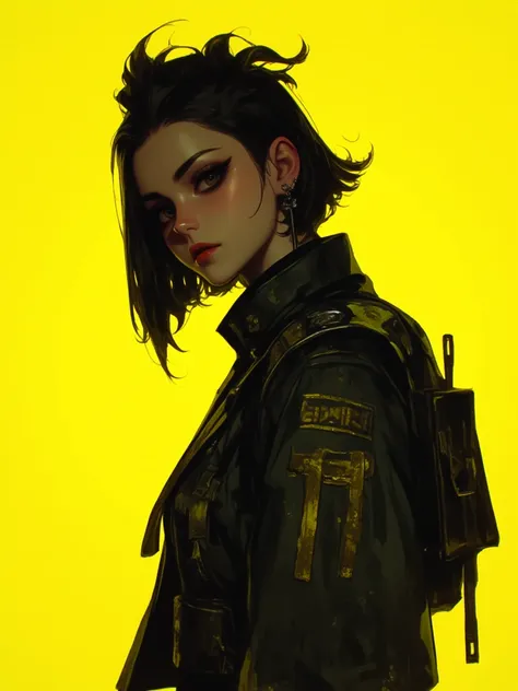 A dark gothic cyberpunk girl. The background is a solid yellow color