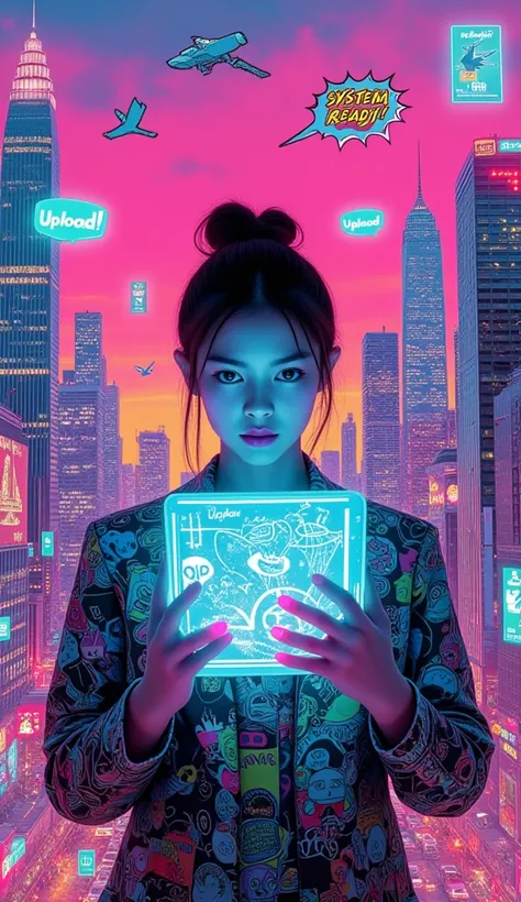 Popartcartoon, detail arts, Korea woman, colorful styles, pop-doodle holographic tablet with cartoon icons floating above it.
The background is a cyberpunk pop-art cityscape, filled with towering illustrated skyscrapers covered in glowing doodle-style bill...