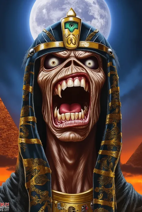 Close-up face , Eddie in dynamic zombie pose ((wearing pharaoh costume )), Pharaoh clothes, raiva, Estilo Iron Maiden, Eddie do Iron Maiden. foto crua de alta qualidade, excellent composition (cinematic lighting, cinematic colors, texto, obra de arte, alto...