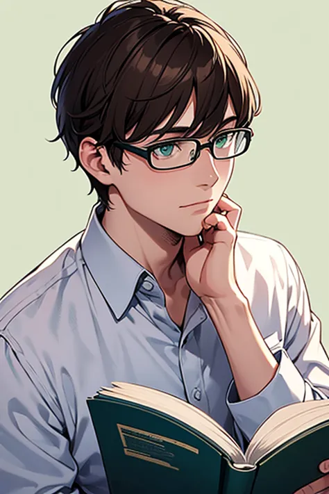 A left-facing intelligent-looking man with glasses. He has short brown hair and is holding a book while reading aloud. He is wearing a loosely fitted white shirt. The background is a plain light green