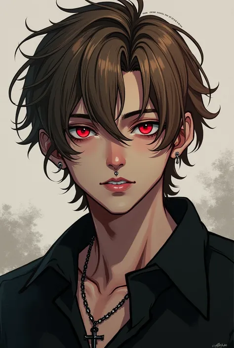 masculine boy man art, light brown hair, emo, many piercings, no tattoos, red eyes