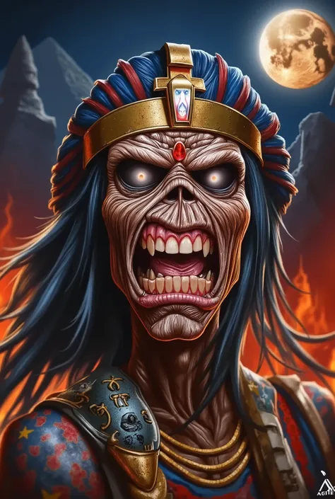 Close-up face , Eddie in dynamic zombie pose ((wearing pharaoh costume )), Pharaoh clothes, raiva, Estilo Iron Maiden, Eddie do Iron Maiden. foto crua de alta qualidade, excellent composition (cinematic lighting, cinematic colors, texto, obra de arte, alto...