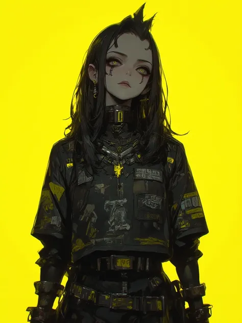 A dark gothic cyberpunk girl. The background is a solid yellow color