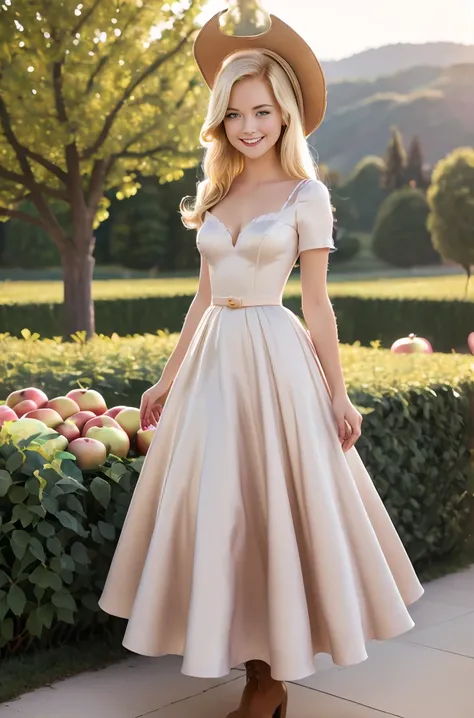 ( masterpiece,  The best quality :1.2),   Cowboy Shot  , Only, 1girl, mlpapplejack, They are smiling,   Looking at the Spectator,   long hair ,  blond hair  ,  cute smile , Elegant evening dress ,  big breasts,  heels ,  hat with apple ornament , Evening ,...