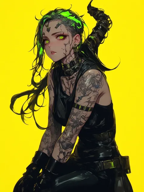 A dark gothic tattooed cyberpunk girl. The background is a solid yellow color