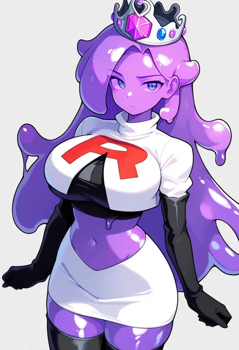 masterpiece, best quality, 1girl, solo, looking at viewer, queenslime, long hair, crown, colored skin, slime girl, large breasts, curvy, purple hair, team rocket,team rocket uniform,white skirt,red letter R,crop top,black thigh-highs,black elbow gloves, co...