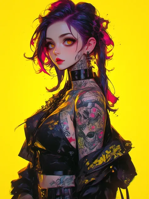 A dark gothic tattooed cyberpunk girl. The background is a solid yellow color