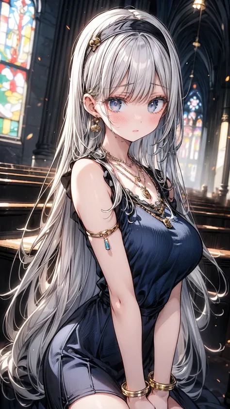 ((flat anime, 2D, 1girl:1.2)), ((18-years old:1.1, lolli:1.3)), (silver long hair:1.5), reflective hair, ((focus on face:1.3)), (natural skin:1.3), (natural looking makeup:1.5), (slender:1.4), ((small breast:1.5)), BREAK, ((prayer:1.3)), (necklace, earring...