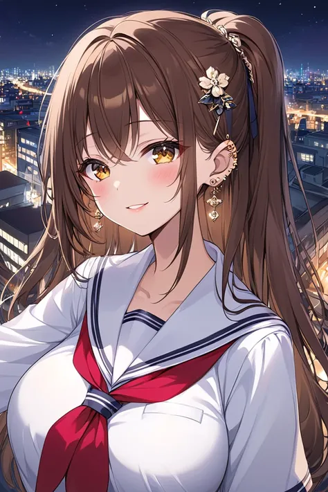  big breasts , ear rings, The height of beauty,  is red , Shiny brown hair,  small golden eyes,  school clothes ,  long hair,  is red , Hair ornament,  jewelry ,  one girl,  The background is a night city,  A smile , Hair tied  