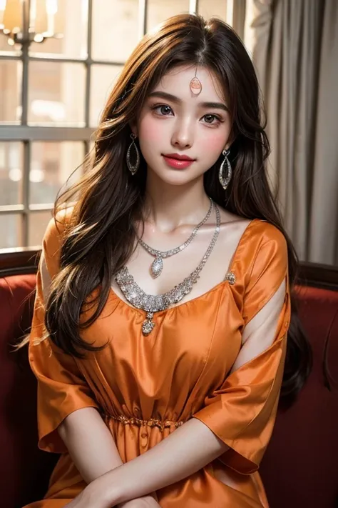 Ultra-high resolution, Better Quality, photo shoot, 4K, (Realistic:1.4) Freckle portrait photography , Big breasts super long brown hair,  (( 16yo Girl )) ,,brown eyes,Wearing light orange Coral dress is decorated with intricate embroidery patterns orange ...