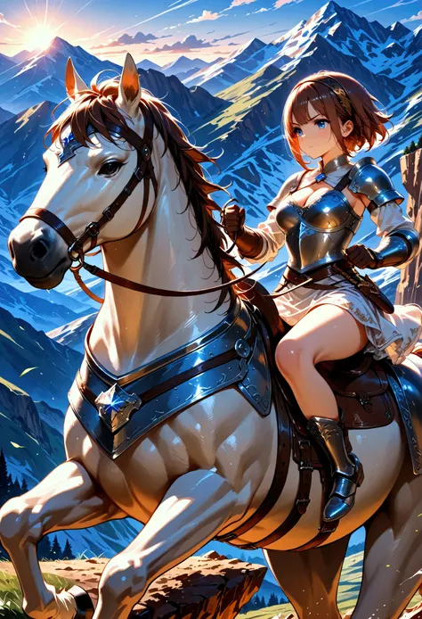 (masterpiece:1.3), (8K, best quality:1.3), Highest image quality, intricate details, high resolution, depth field, Natural light, professional lighting, BREAK, riding, horse, (((a young woman wearing in adventurer clothes riding her horse by climbing a ste...