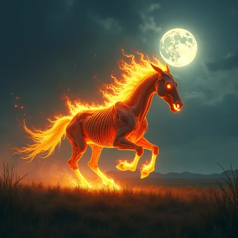 Horse body with a flabby skull, without eyes and totally on fire against the wind. Running in profile across a grass , during the night, Leaving a trail of fire behind you.