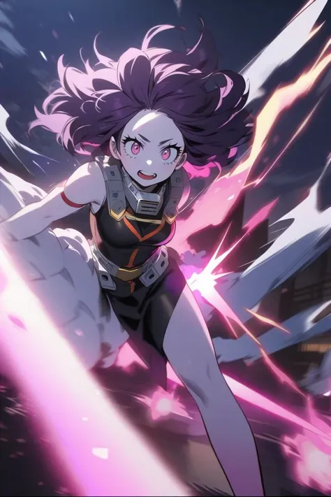 A pretty girl in the style of manga Boku no hero Academia with pink eyes, very long dark purple hair, White-skinned with pink energy powers flying in the sky wearing a technological Mayo uniform 