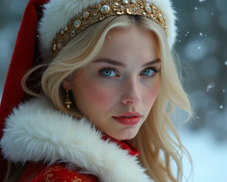 un hermoso retrato De emperatriz,  blond hair ,  perfect blue eyes , with a brilliant, imposible golpear gran tocaDo naviDeño, ropa De Santa Claus, ToDo lo naviDeño, snow, symmetrical, iluminación De estuDio Dramática, rococo, Baroque, verDuras, Asian, hyp...