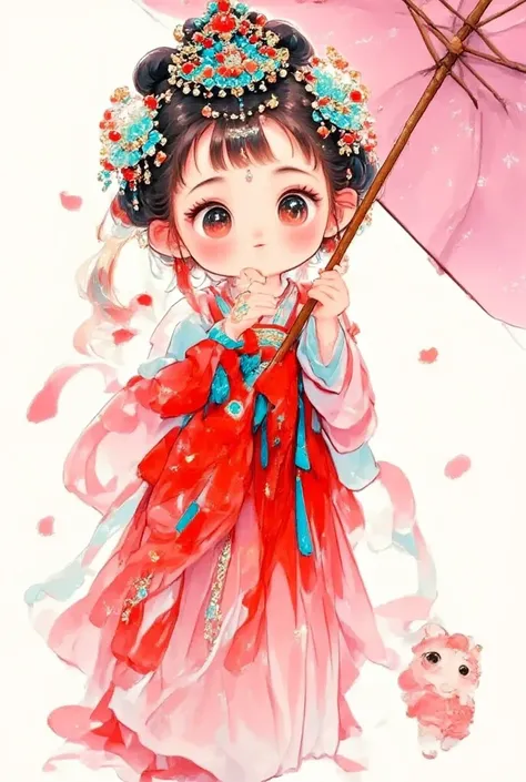 ( masterpiece,        Premium quality:1.2),             cartoon style character design      ,    1 woman holding an umbrella,  Unique ，       big eyes，       with cute expressions           ，surprise, Two hairpins      ，  Chinese clothing 