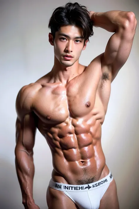 Realistic Photography, Handsome Boy, Young Age, white tight micro string thong, masterpiece, best quality, best detailed, Asian boy, Shirtless, perky nipples, muscular, japanese actor face, Short black actor hair, detailed hair, provocative, sexy, erotic, ...