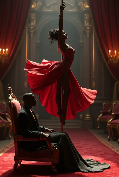 Danseuse de pole dance noire en tenue de princesse, devant un prince noir assis sur une chaise