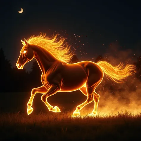  Muscular horse body with shiny brown fur, with a flabby skull ,  without eyes and totally on fire against the wind. Running in profile across a grass , during the night, Leaving a trail of fire behind you.