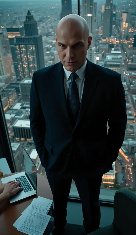 Lex Luthor, a bald man in a dark suit , with piercing eyes and an enigmatic smile,  stands on top of a skyscraper at night in Metropolis .  The city lights shine in the background as he looks out the panoramic window.  A mahogany table with papers and an o...