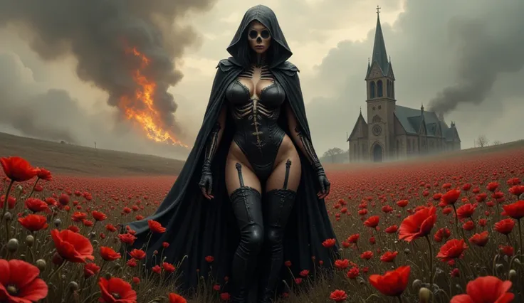 Female grim reaper with a skull head and huge tits. Field of opium poppy. Church burning in the background.