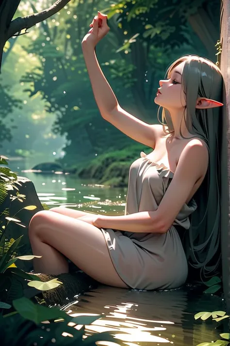  high resolution,  anatomically correct,woman, Fairy ,Elf,Taking a bath, side angle,Pale Light,forest,
  Medieval European Fantasy,