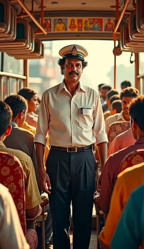 Rajnikant as indian bus conductor in a bus 