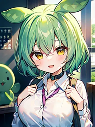 a beauty girl， yellow-green hair，Beaver、 short hair while on a business trip、Gently lowered eyes ，large full breasts、school uniforms， manga style ， full color， high school girl， gentle and gentle face， big smile、  innocent smile