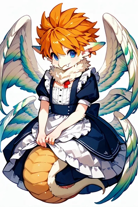 orange hair, source_anime,solo femboy,dragon,highest quality, Dressed in maid uniform, blue eye, dragon tail, cute, white body,feathered wings , wings, neck fur, low wings, mulch wings