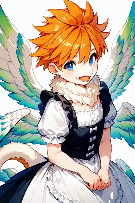 orange hair, source_anime,solo femboy,dragon,highest quality, Dressed in maid uniform, blue eye, dragon tail, cute, white body,feathered wings , wings, neck fur, low wings, mulch wings