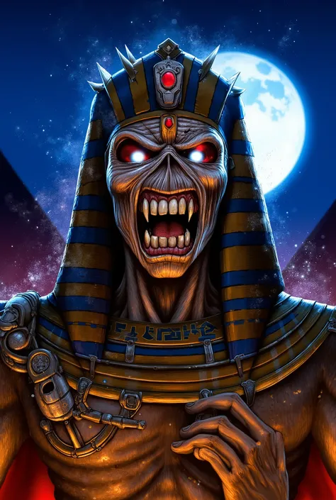 Close-up face , Eddie in dynamic zombie pose ((wearing pharaoh costume )), Pharaoh clothes, raiva, Estilo Iron Maiden, Eddie do Iron Maiden. foto crua de alta qualidade, excellent composition (cinematic lighting, cinematic colors, texto, obra de arte, alto...