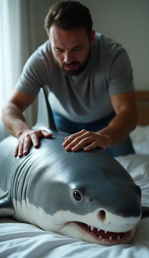  The image shows a man standing next to a bed ,  with hands delicately placed on the head of a lying shark , who seems relaxed .  The shark is lying horizontally on the bed ,  with its gray skin and detailed scales reflecting the soft light that illuminate...