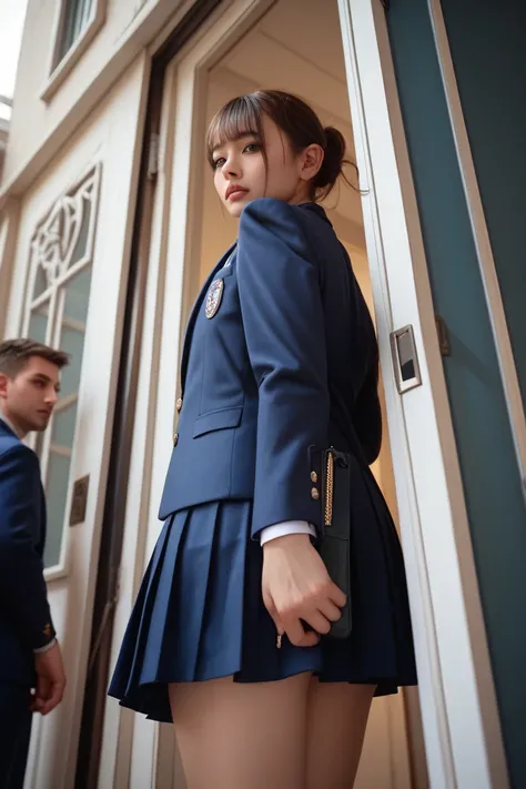  best quality ,   super high definition, (( cute middle school girl)),(( small tits))、 low angle 、 crowded trains near the door、 blazer uniform、A man puts his hand into his skirt from behind、 Realistic Skin、 Japanese