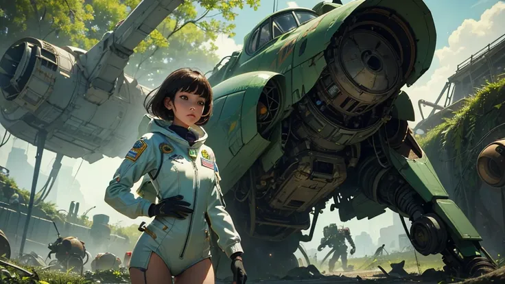 beautiful girl astronaut in a torn suit with blood stains thin waist wide hips small panties hair fluttering in her hands blaster running on a wild overgrown green planet behind the crashed spacecraft and creeping monsters super high detail hair and skin, ...